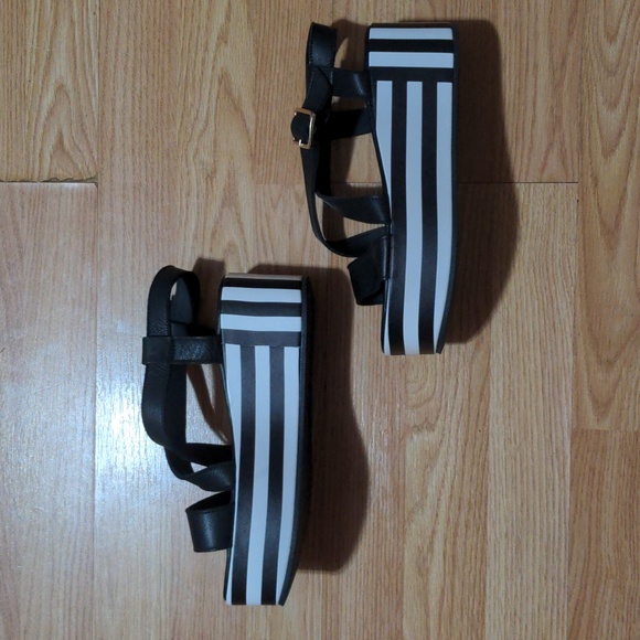 FINAL PRICE Marina Rinaldi Striped Platform Sandals Leather Black White - Picture 5 of 8